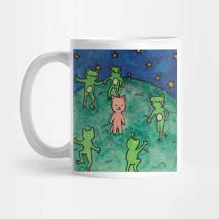 frogs dancing around a cat cottagecore meme watercolor illustration Mug